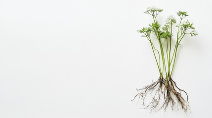 Obraz premium Water dropwort plant, roots and all, photographed on a white background with generous space for text or design elements.