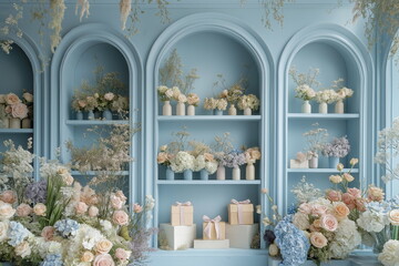 Elegant floral arrangement display cozy boutique interior design serene ambience close-up view aesthetic inspiration
