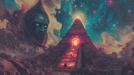 Obraz premium Mysterious Pyramid and Cosmic Figure in Vibrant Starry Sky with Captivating Colors and Ethereal Glow