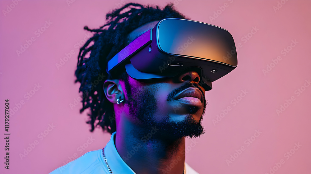 Poster man immersed in virtual reality: exploring digital worlds through vr headset with neon lighting.