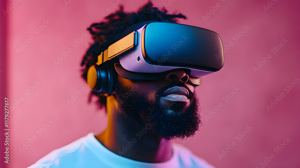 Aufkleber man experiences virtual reality using vr headset intensely against vibrant pink background illuminat