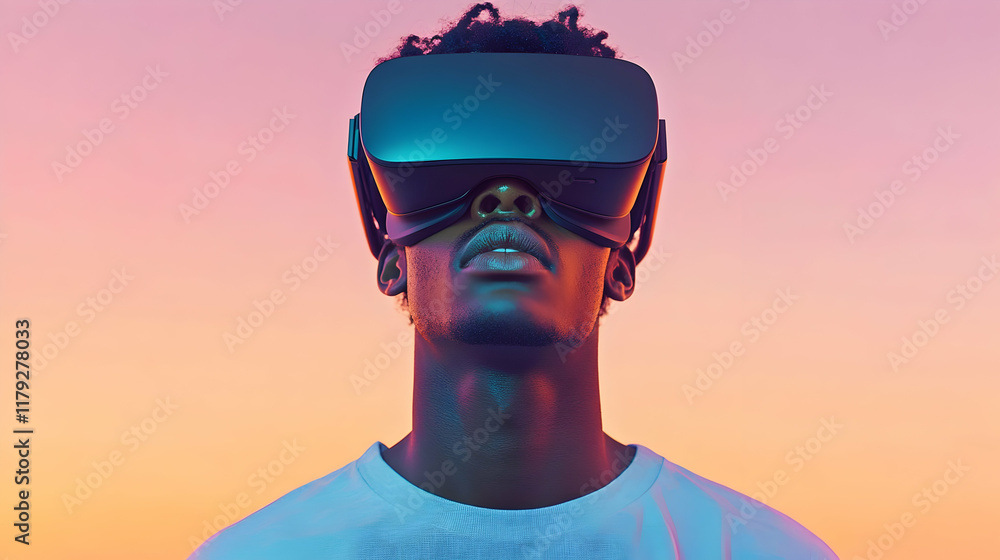 Aufkleber man immersed in virtual reality experience with vr headset on gradient background