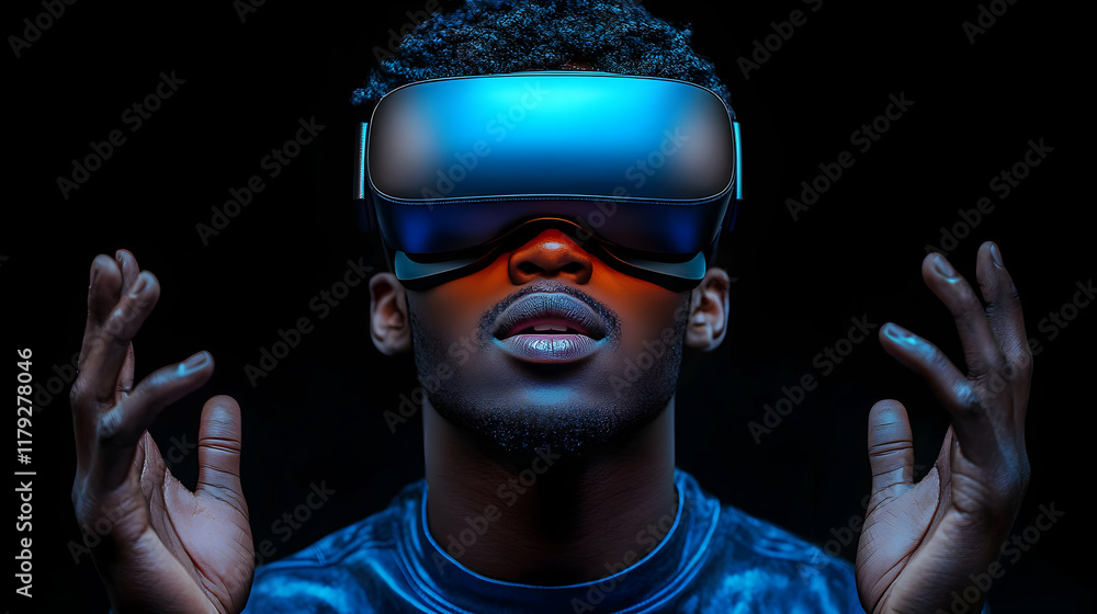 Aufkleber man experiences virtual reality with headset and expressive hand gestures in dark setting