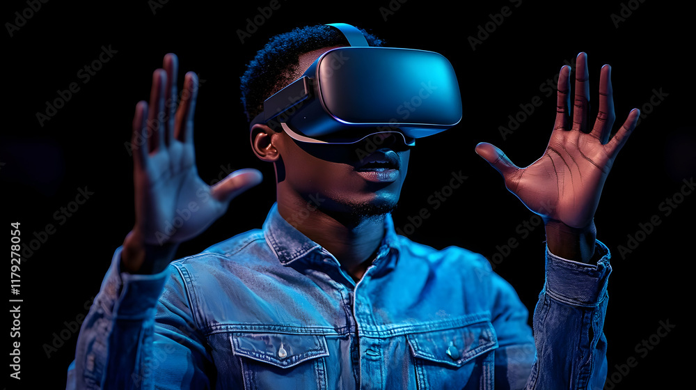 Aufkleber man experiences virtual reality with headset and explores digital world interactively