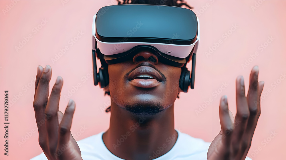 Poster man explores virtual reality with headset and interacts with digital environment on pink background