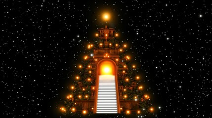 Enchanted Temple of Light with Radiant Steps Surrounded by Stars in a Mystical Night Sky