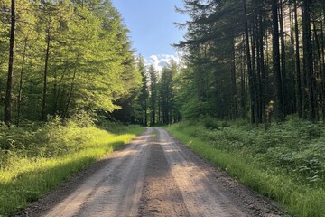 Obraz premium Narrow dirt road with forest greenery and soft sunlight