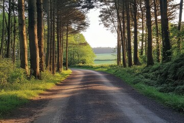 Obraz premium Idyllic dirt road surrounded by trees with sunlight filtering through