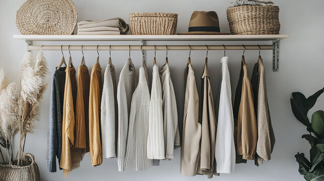 Neutral toned clothing neatly arranged in stylish closet room