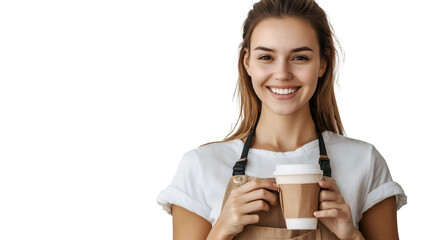 A female barista with a beautiful smile holding a cup of coffee isolated on a transparent background, PNG