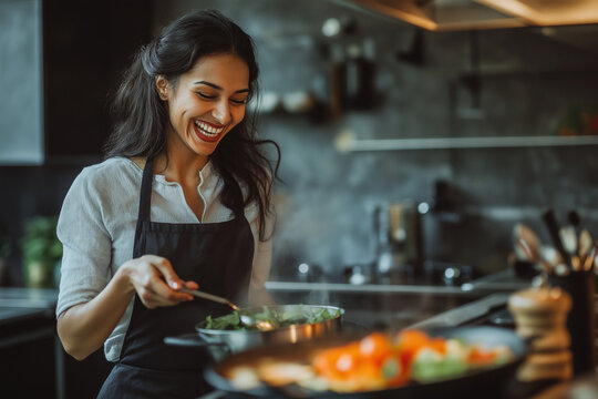 A woman is cooking in a kitchen and smiling