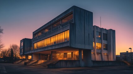 Obraz premium An urban explorer documenting the stark beauty of a brutalist public institution during golden hour.