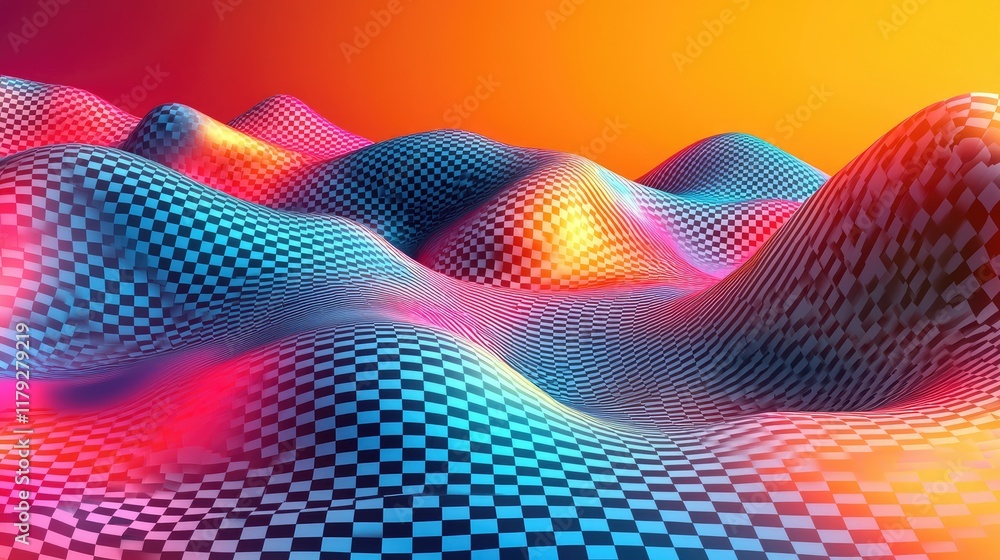Poster abstract checkered waves: vibrant digital art background. dynamic colorful 3d render, geometric patt
