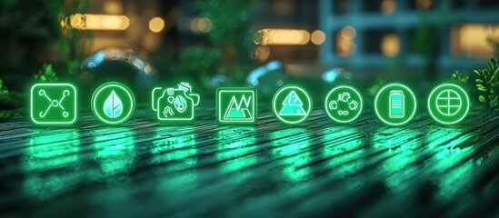 Energy-saving icons glowing in modern green neon light.