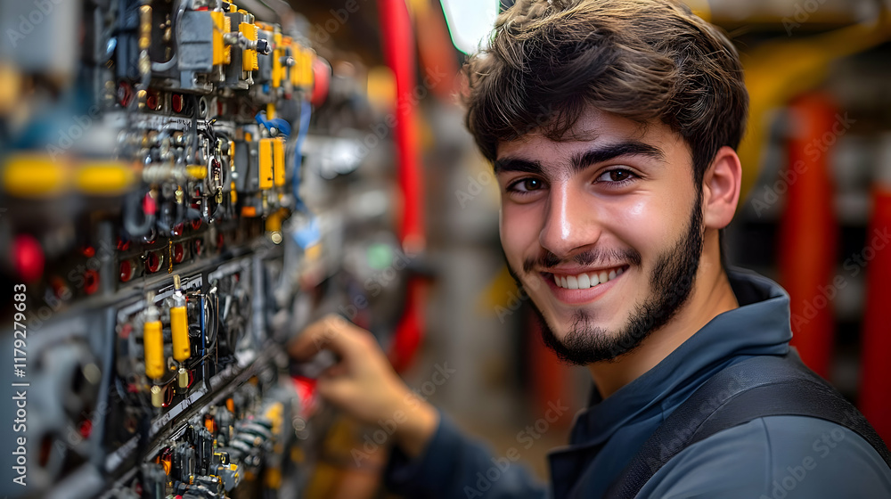 Poster technician examines complex machinery with precision and expertise in a workshop setting.