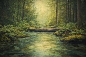 Obraz premium Sunlit forest creek flowing through mossy rocks and ferns