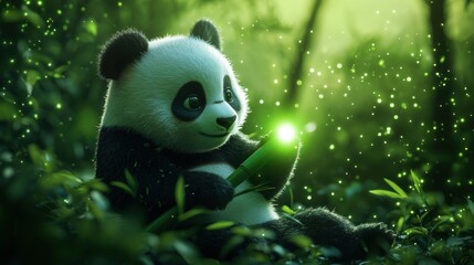 Fototapeta premium Playful panda cub surrounded by glowing greenery