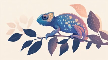 Fototapeta premium Colorful Chameleon on Branch Surrounded by Leaves in Soft Colors