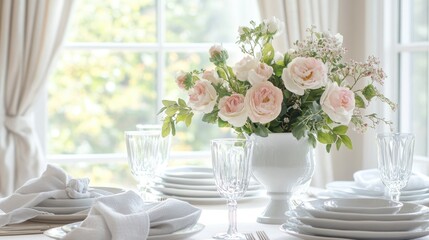 Fototapeta premium A beautifully set dining table with elegant white plates, silver cutlery, and fresh flowers in a vase, with soft natural light filtering in.