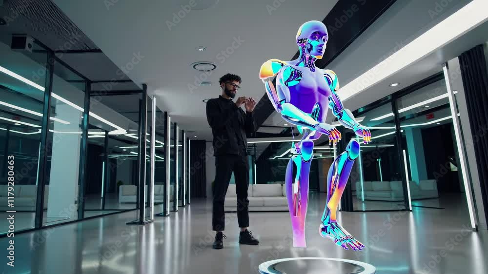 Aufkleber Interactive digital art experience showcasing a holographic model in a modern workspace