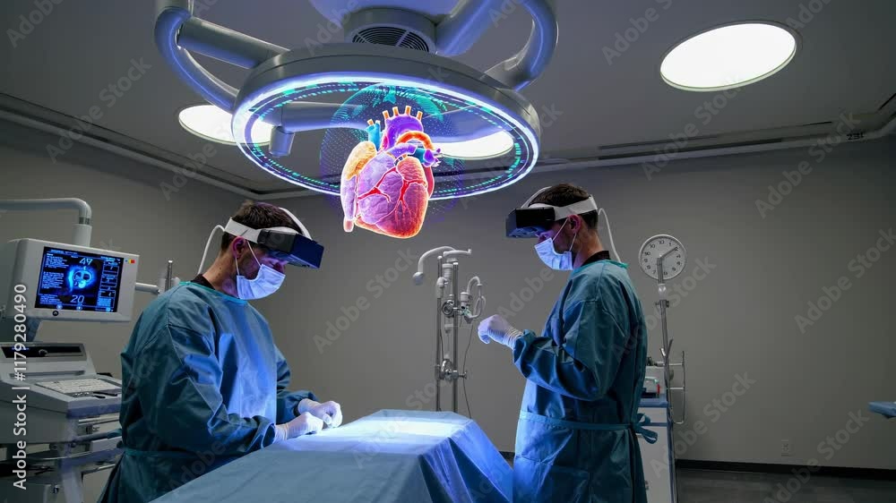 Poster surgeons use advanced technology for heart surgery in a modern operating room