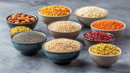 Assortment of nutritious grains and seeds in bowls.