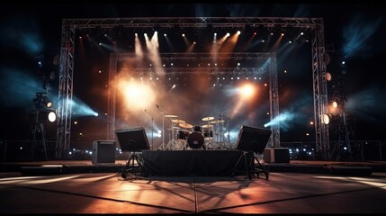 Vibrant Stage Setup with Professional Equipment Ready for Concert Performance Under Dramatic Lighting Effects