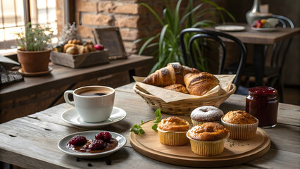 A delightful breakfast spread in a cozy café setting, featuring freshly baked pastries, croissants, and muffins arranged on a rustic wooden table