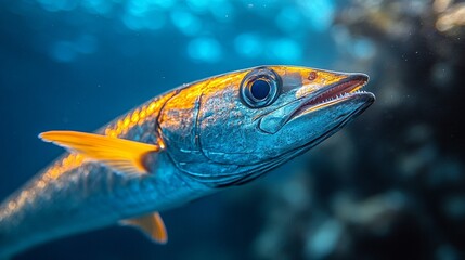 Fototapeta premium The barracuda glides effortlessly through the blue, its menacing teeth a stark reminder of the ocean's unseen dangers and marvels.