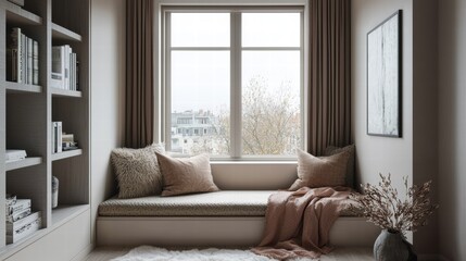Serene reading nook with window seat and cozy textures