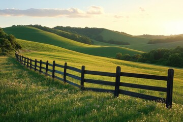 Sunlit countryside pasture with a wooden fence and open fields