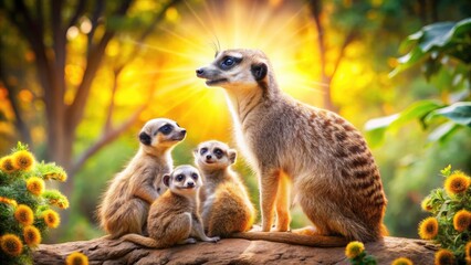 Obraz premium Double Exposure: Suricate Family at the Zoo - Adorable Young Mongooses in African Habitat