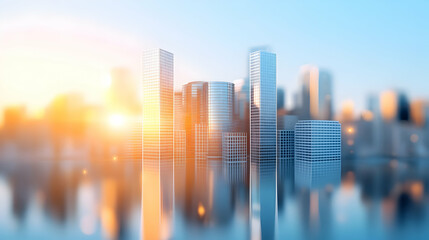 Fototapeta premium Picture of modern skyscrapers of a smart city, futuristic financial district with buildings and reflections , blue color background for corporate and business template with warm sun rays of light