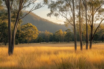 Fototapeta premium Golden grass field with scattered trees in rural landscape