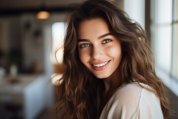Portrait of a cheerful young woman with beautiful long brown wavy hair smiling and posing at home