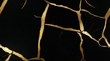 Golden cracks repairing black marble surface, showing resilience and beauty. Seamless black and golde marble pattern