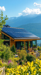 Obraz premium modern house with solar panels in scenic mountain setting