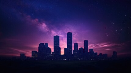 Fototapeta premium A city skyline silhouetted against a brilliant night sky with the Milky Way stretching across.