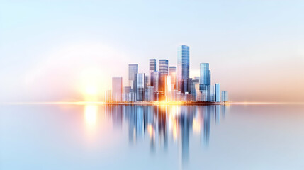 Fototapeta premium Picture of modern skyscrapers of a smart city, futuristic financial district with buildings and reflections , blue color background for corporate and business template with warm sun rays of light
