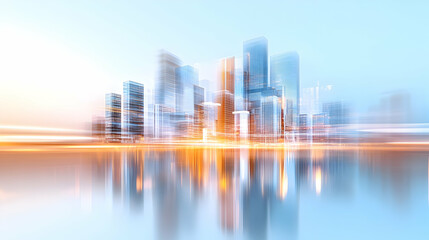 Picture of modern skyscrapers of a smart city, futuristic financial district with buildings and reflections , blue color background for corporate and business template with warm sun rays of light