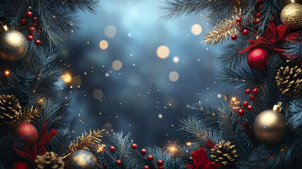 Festive holiday wreath with pine foliage and red, gold decorations