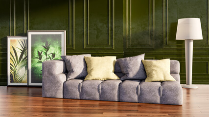 Large luxury modern bright interiors Living room mockup illustration 3D rendering image