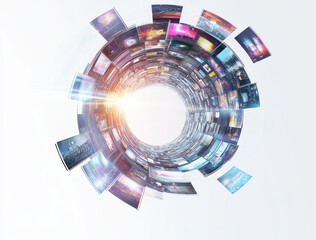 digital tunnel of media images with bright light effect