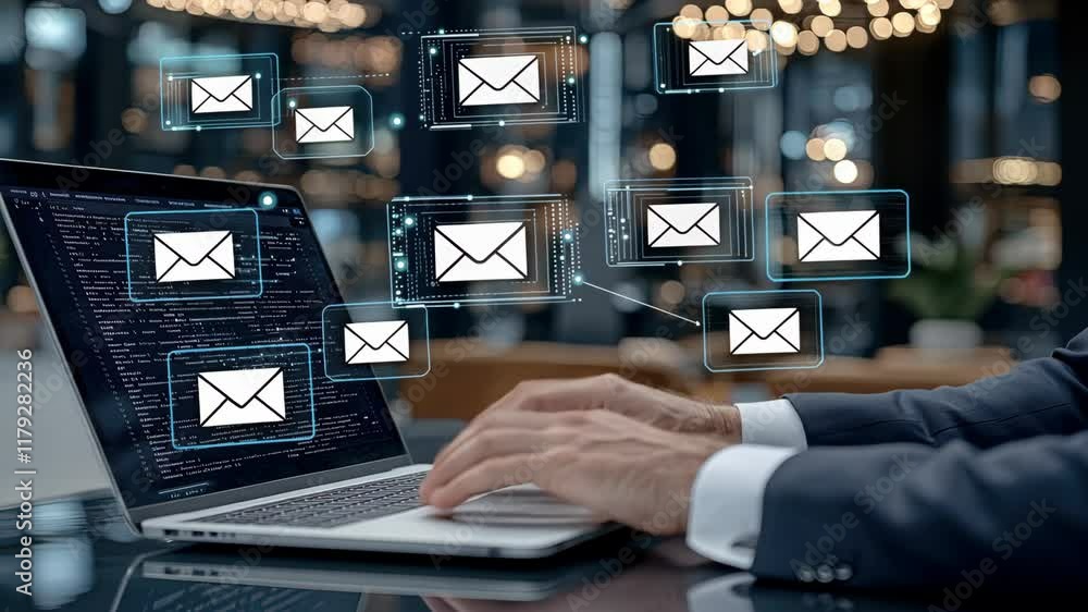 Poster person focuses on laptop while managing emails and digital notifications in a stylish office atmosph