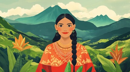 Fototapeta premium Woman in Traditional Attire Against Lush Mountain Landscape