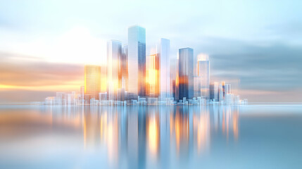 Picture of modern skyscrapers of a smart city, futuristic financial district with buildings and reflections , blue color background for corporate and business template with warm sun rays of light