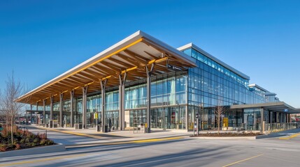 Obraz premium A clean, modern sky train station with a glass roof and structural metal beams.