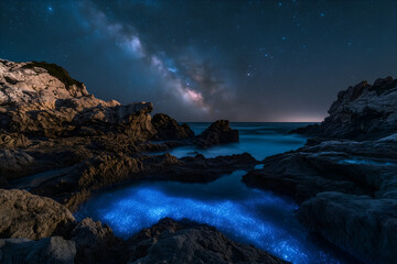 Obraz premium Bioluminescent tide pool beneath starlit coastal cliffs