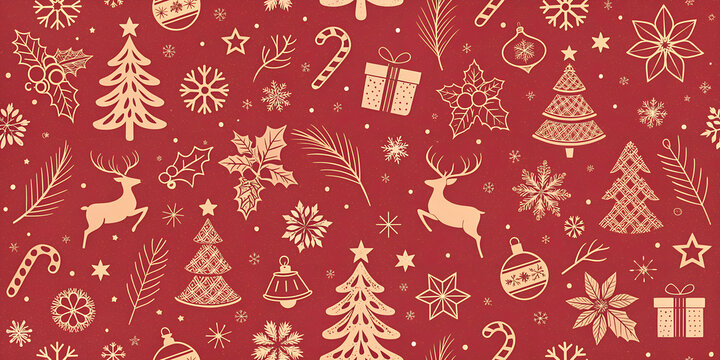 Christmas themed pattern with a vibrant red background and the pattern consists of symbols