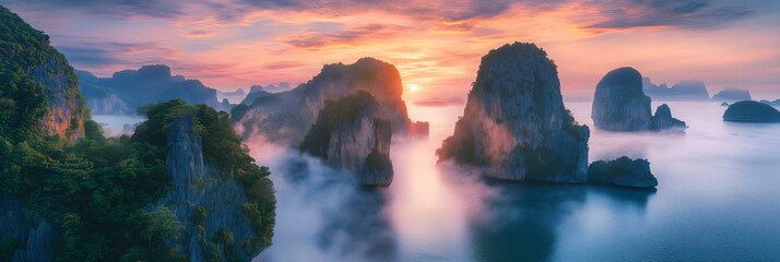 Sunlit karst pillars emerging from tropical sea mist